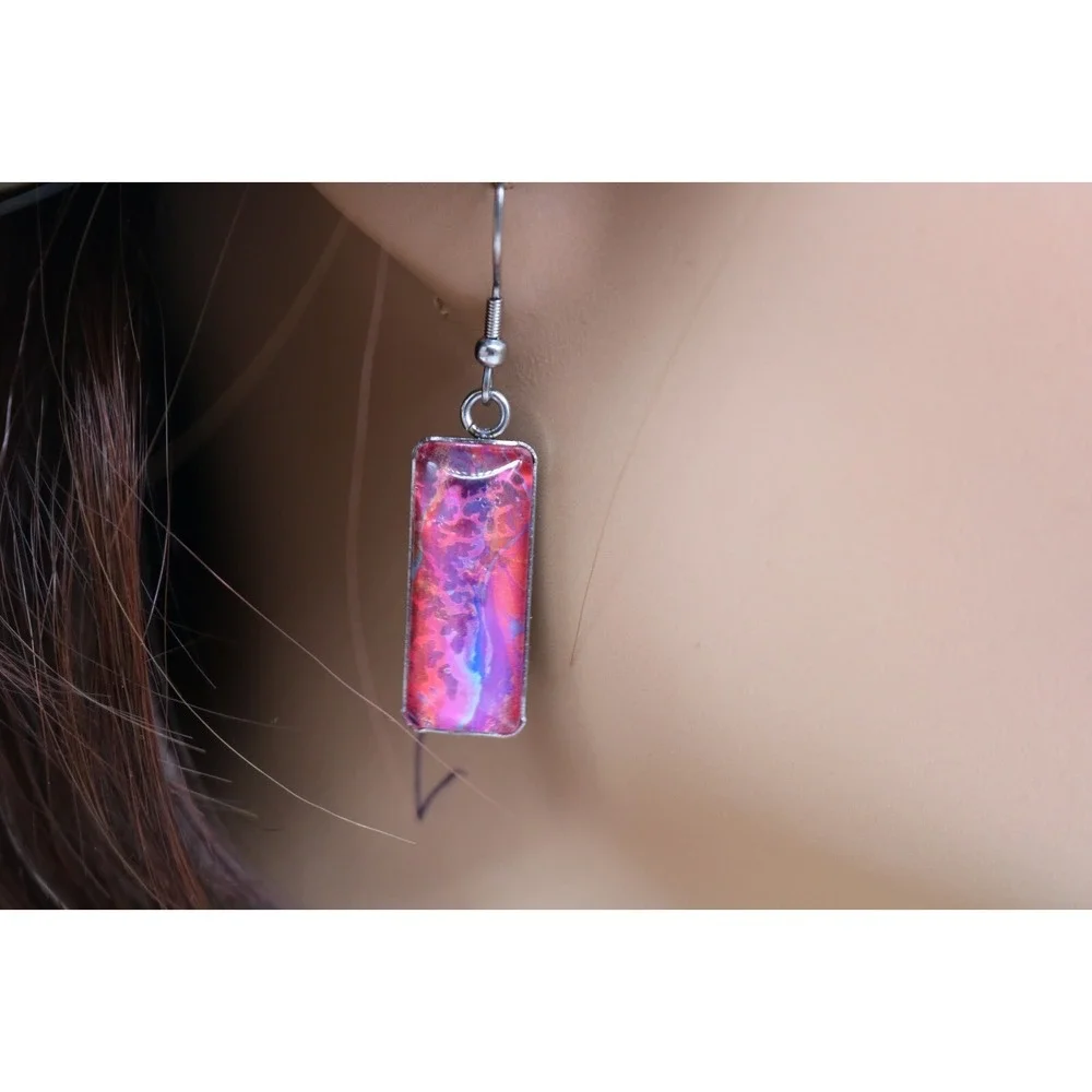 Handmade Earrings-Stainless Steel-Glass-Paint Drip-Paint Pour-Fluid Art